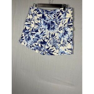 Ellen Tracy Skort Womens Large Blue Cream Floral Linen Blend Resortwear